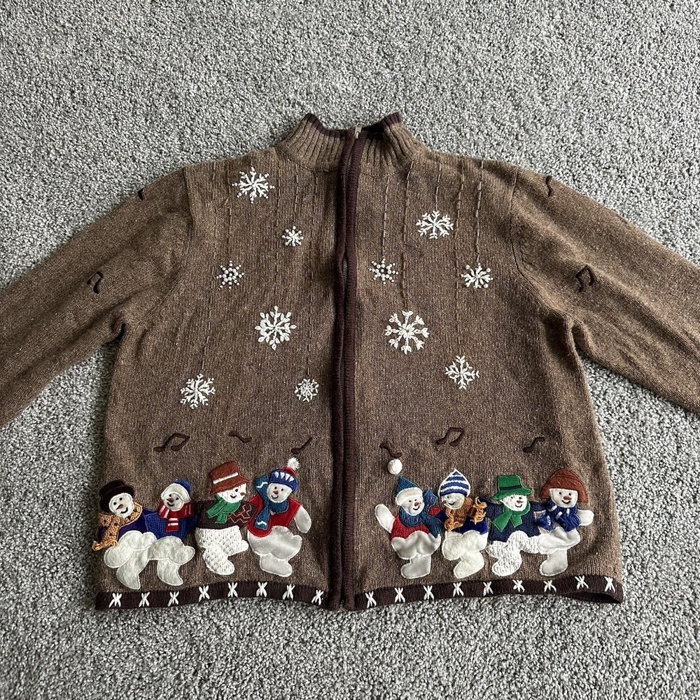 Designers Originals‎ Studio brown zip-up cardigan sweater Large Snowmen Winter